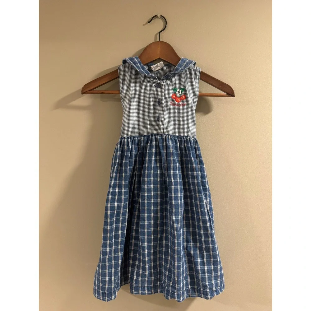 OshKosh B'gosh Vintage 1990s Dress Cherry Embroidery Size 6X Blue White Girls